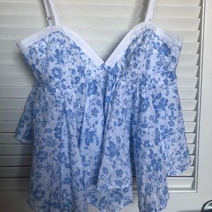 White and light blue floral top